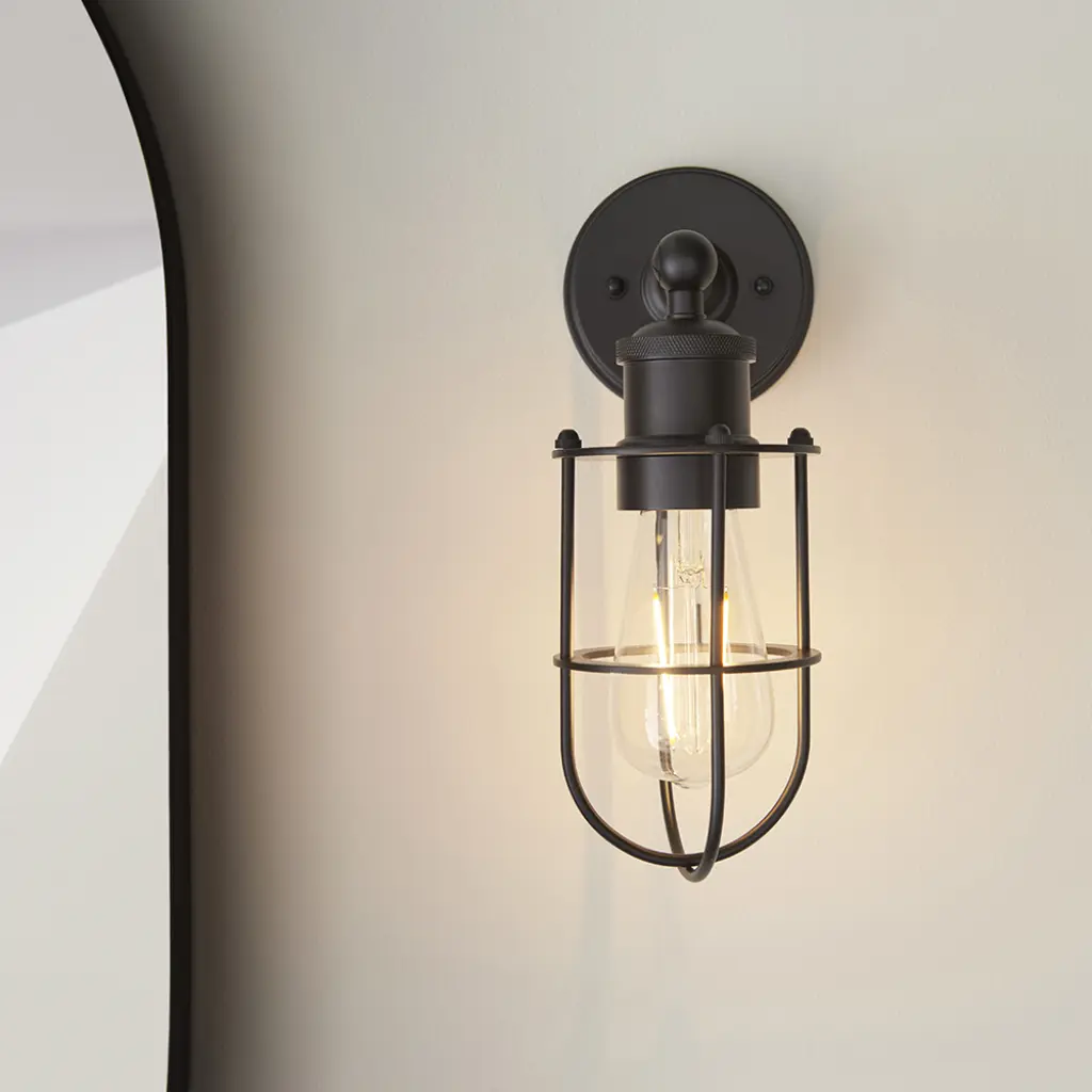 Industrial Style Wall Light Caged in Black