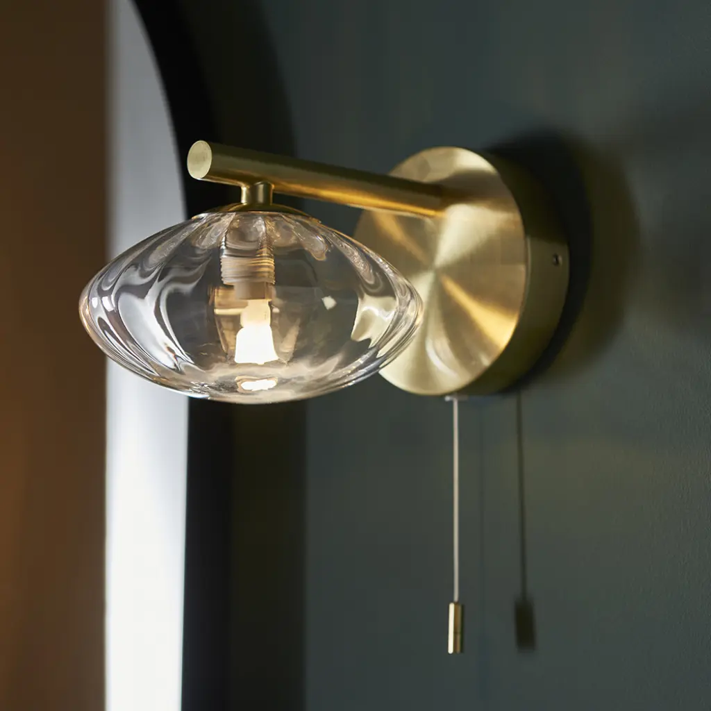 Classic Brushed Gold & Ribbed Glass Wall Light IP44