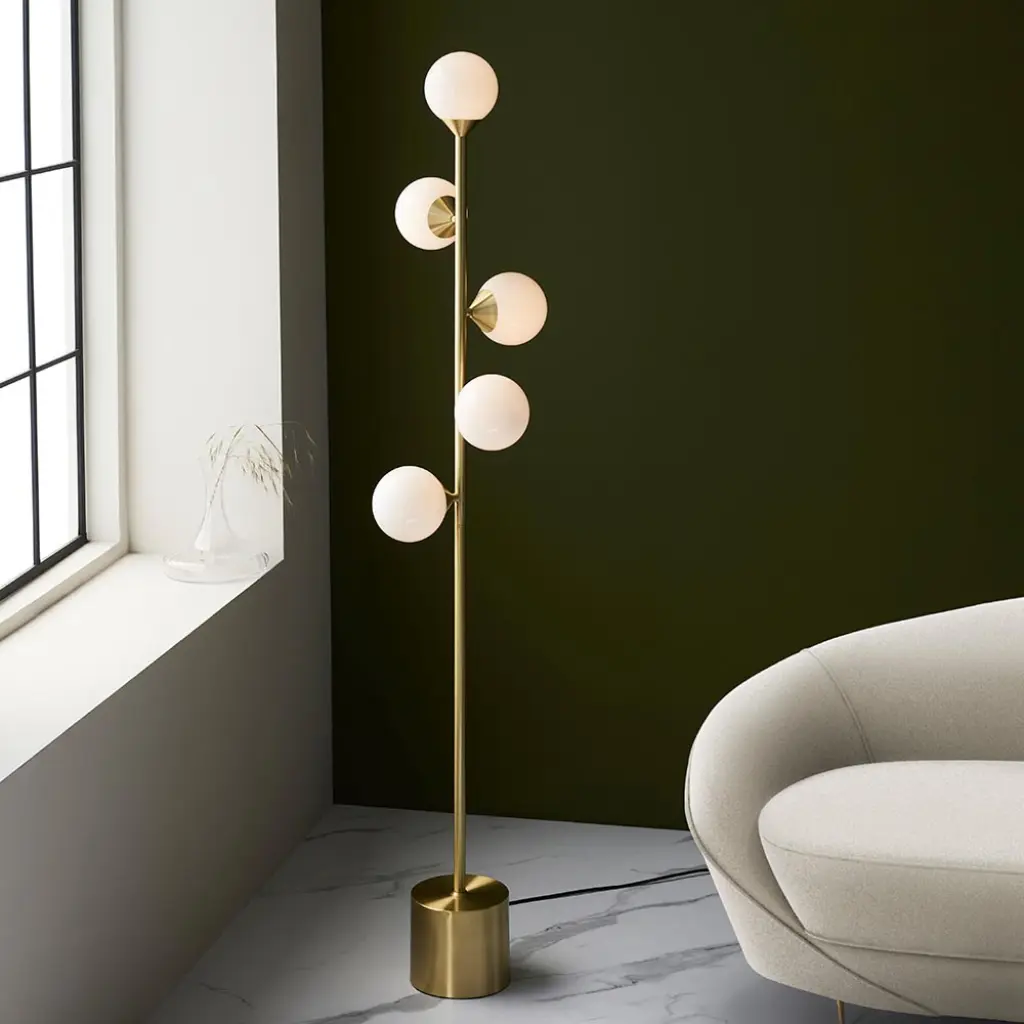 Eve Satin Brass Floor Lamp C/W Gloss White Shades