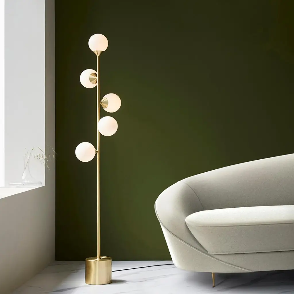 Eve Satin Brass Floor Lamp C/W Gloss White Shades