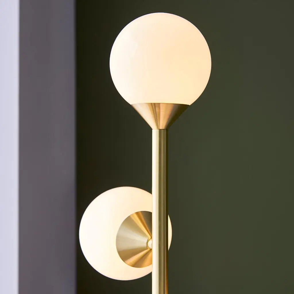 Eve Satin Brass Floor Lamp C/W Gloss White Shades