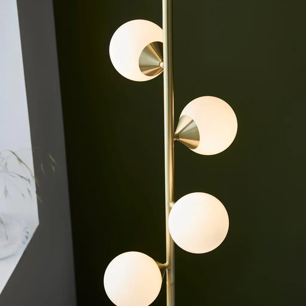 Eve Satin Brass Floor Lamp C/W Gloss White Shades