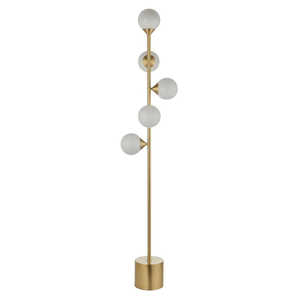 Eve Satin Brass Floor Lamp C/W Gloss White Shades