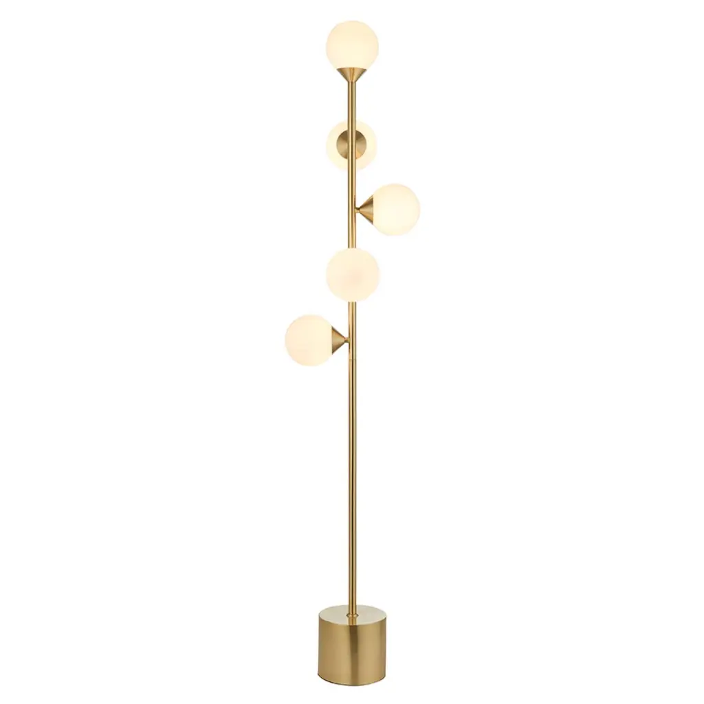 Eve Satin Brass Floor Lamp C/W Gloss White Shades