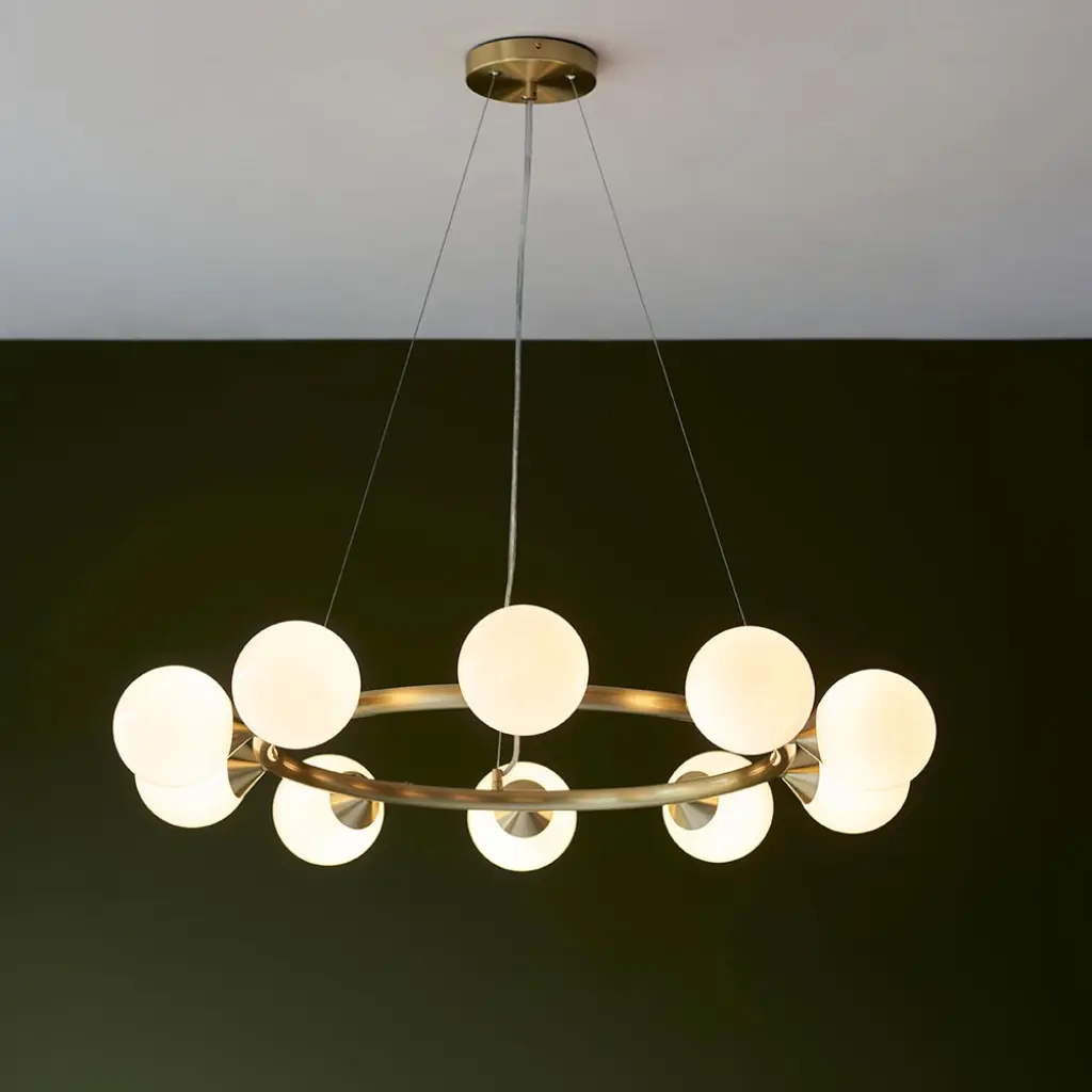 Eve 10 Light Satin Brass Pendant C/W Gloss White Shades