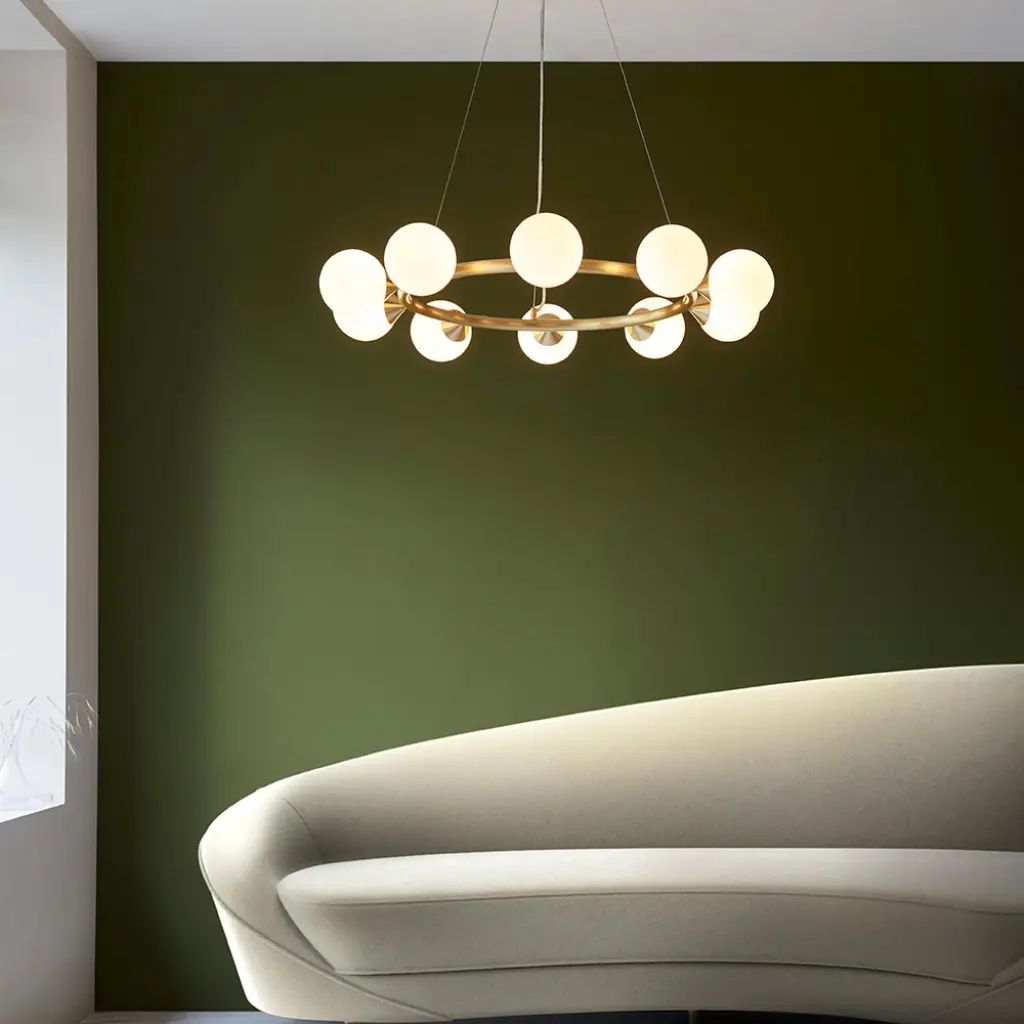 Eve 10 Light Satin Brass Pendant C/W Gloss White Shades