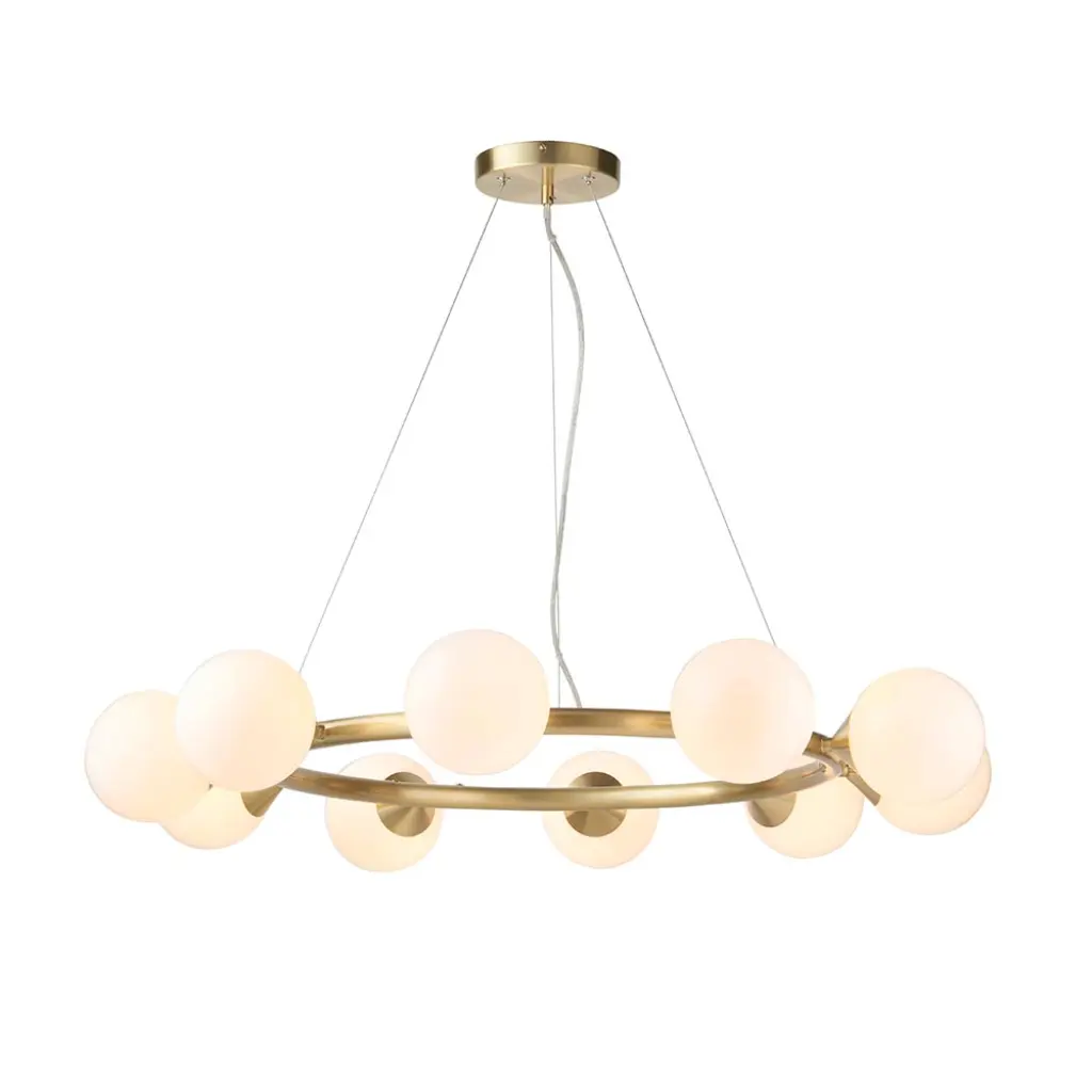 Eve 10 Light Satin Brass Pendant C/W Gloss White Shades