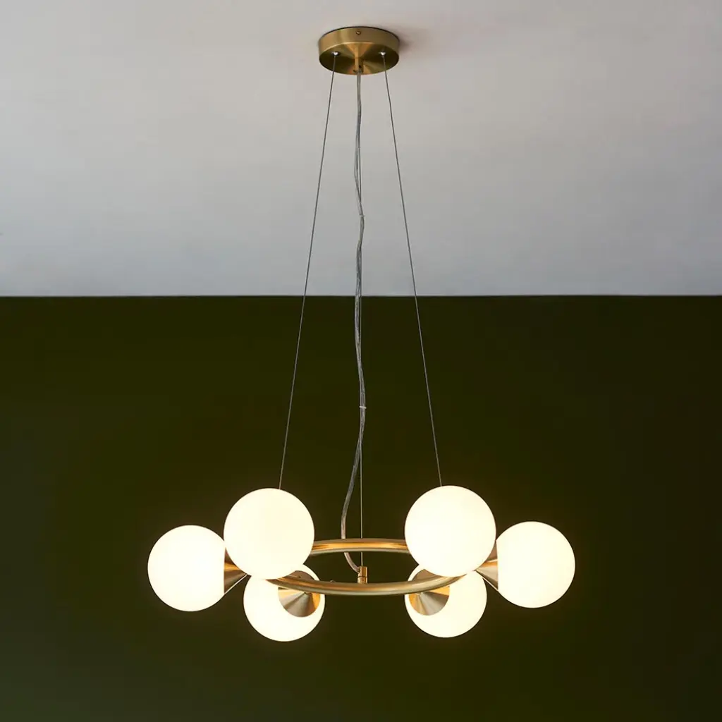 Eve 6 Light Satin Brass Pendant C/W Gloss White Shades