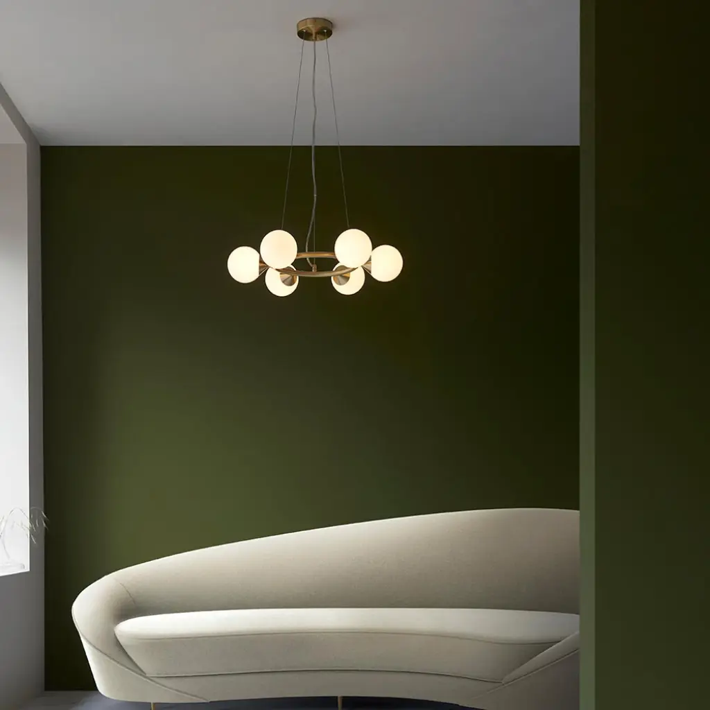 Eve 6 Light Satin Brass Pendant C/W Gloss White Shades