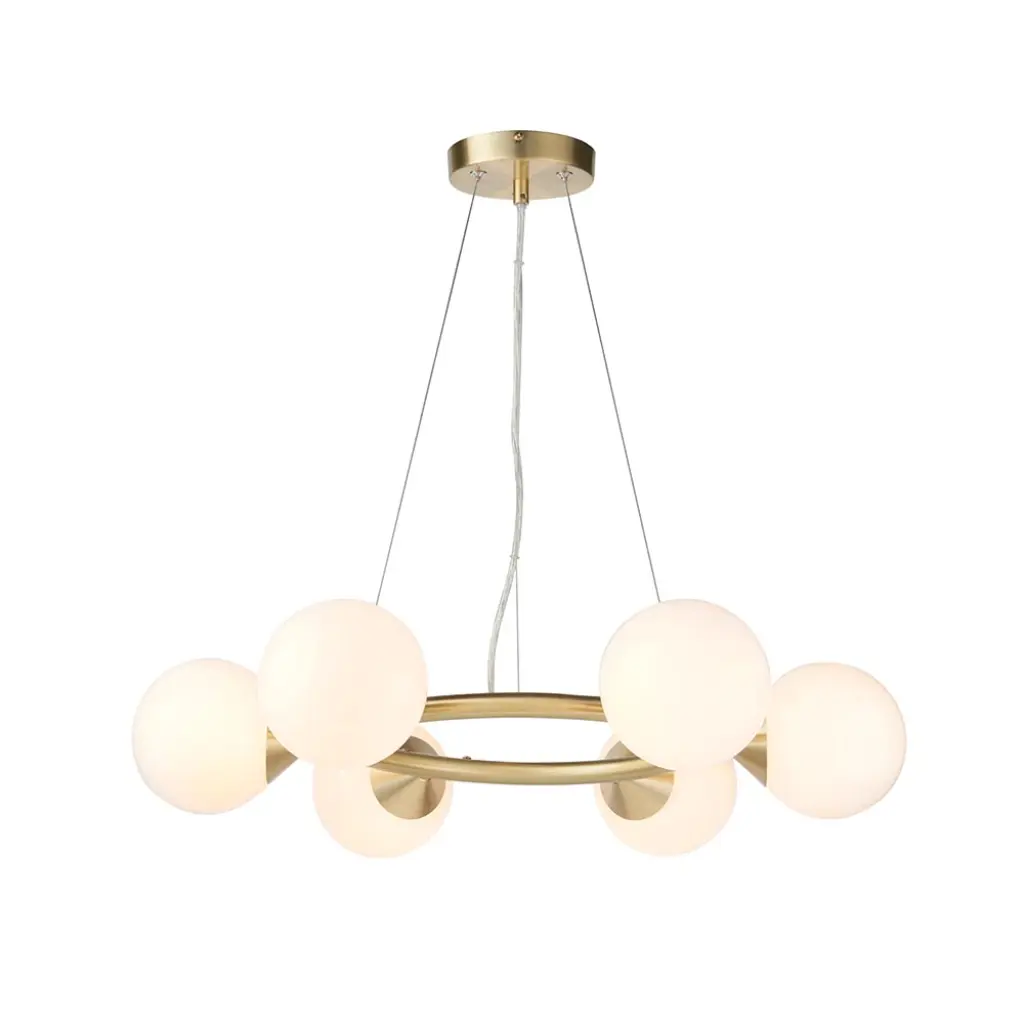 Eve 6 Light Satin Brass Pendant C/W Gloss White Shades