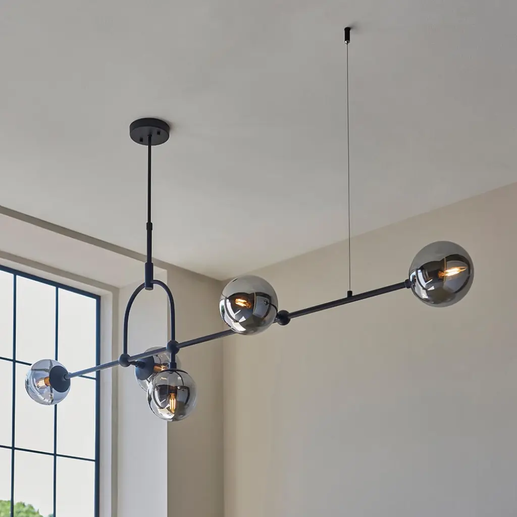 Erin 5 Light Black Linear Pendant Smoked Glass
